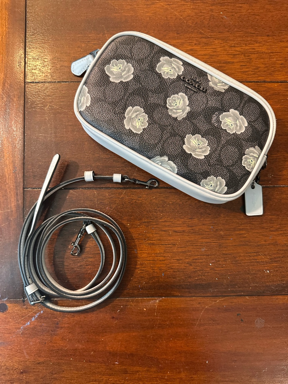 Coach Black Floral Crossbody Wristlet with Blue Flowers